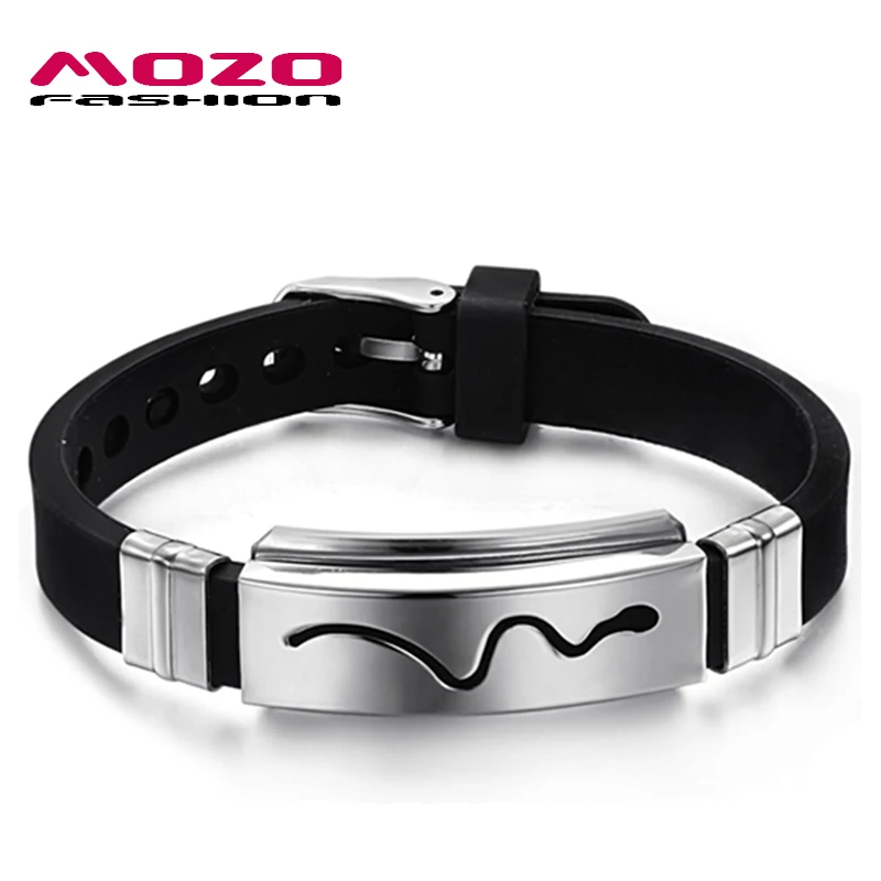 

MOZO FASHION Hot Sale Men Jewelry Silicone Rubber Wristband Snake Design Stainless Steel Bracelet Pulseras Adjustable MPH966