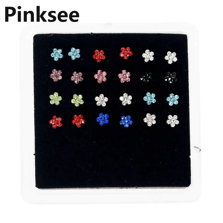

24pcs/ Box Stainless Steel CZ Nose Stud Rings Heart Rhinestone Tragus Earring Lip Bar Body Piercing Jewelry Wholesale 5 Styles