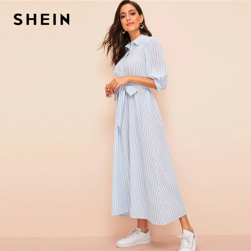 SHEIN платье-рубашка с рукавом-фонариком в полоску, с поясом,, пуговица, рукав до локтя, летнее платье, бохо, синие и белые женские платья
