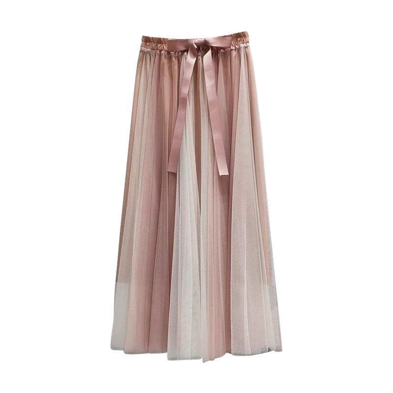 

mesh women skirts bow belt striped loose A-line beach style holiday long maxi skirts lady elegant skirts top quality