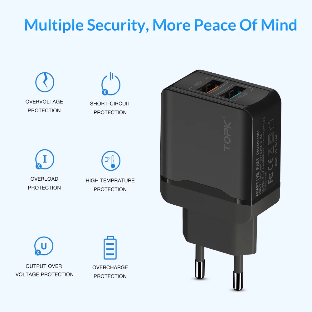 Зарядное устройство TOPK с двумя USB портами 28 Вт Quick Charge 3 0 для iPhone X 8 7|Зарядные