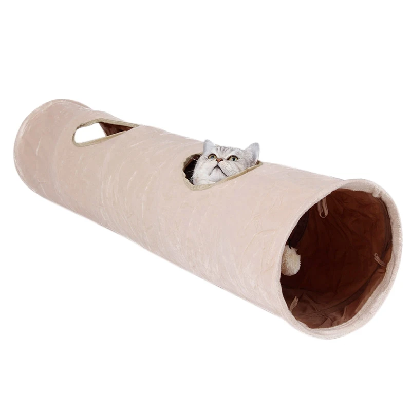 Beige Практичный туннель для домашних животных, длинный, 2 отверстия, кот, щенок, кролик, прорезыватель, забавные игрушки-туннели с шариком, складной туннель для кошек, 120 см - Цвет: Beige