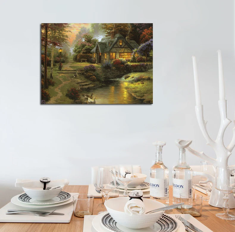 Thomas kinkade коттедж на реке пасторальный пейзаж живопись холсте печать заказ