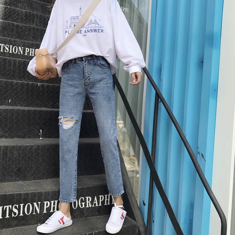 Женские рваные прямые джинсы хараюку ковбойские с высокой талией повседневные