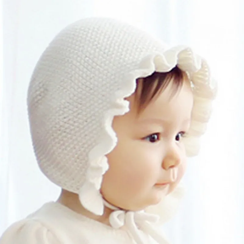 

Spring Newborn Baby Hats Handmade Wool Ear Knitting Hats Monolayer Lotus Leaf Yarn Warmer Caps Kids Hats New Unisex