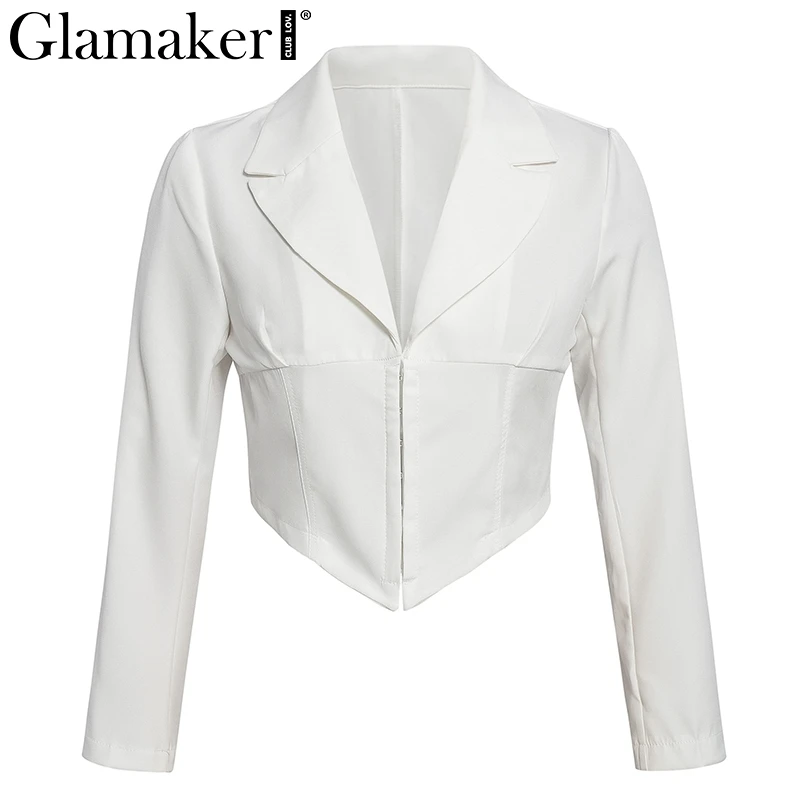 Glamaker, белые сексуальные короткие куртки с v-образным вырезом, женские летние элегантные куртки с длинным рукавом, блейзер, женские модные вечерние Клубные пиджаки и пальто