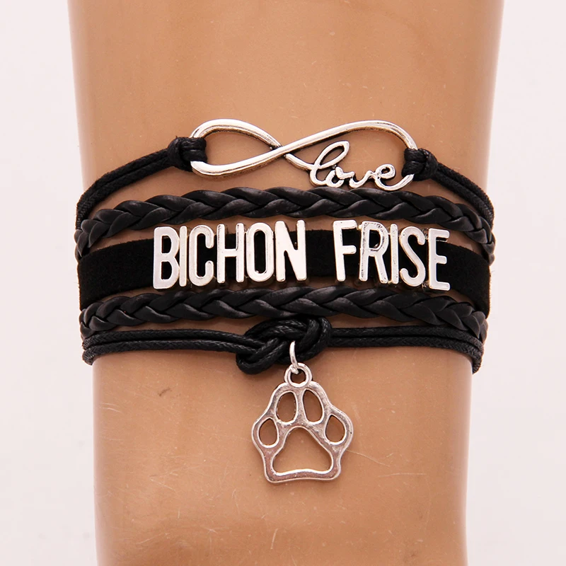 (10 шт./лот) браслет Infinity love Bichon Frise и Браслеты Pet Подвеска собачья лапа кожаная