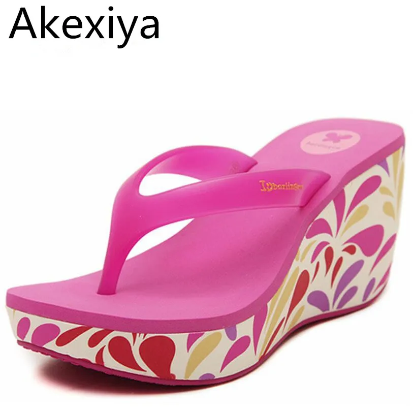 Akexiya 2017 Сладкий женские туфли на Высоком каблуке Флип-Флоп Сандалии Печати