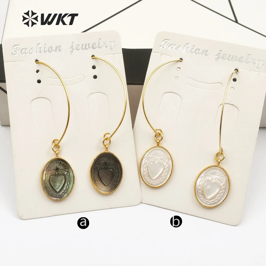 WT-E455 Metal Earwire With Gold Bezel Natural Sea Shell Briolette Earring Mysterious Pattern Women Bohemia Dangle | Украшения и