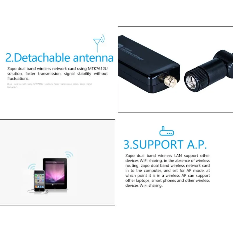 ZAPO оптовая продажа 5 ГГц Wi Fi 1200 Мбит/с USB 3 0 адаптер с высоким коэффициентом