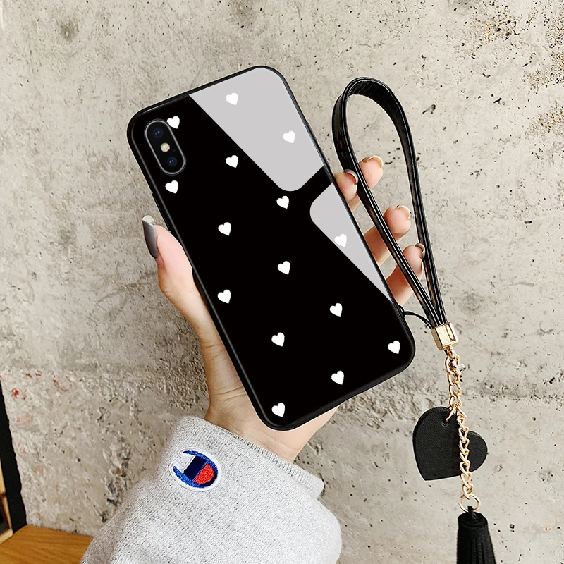 Чехол для iPhone XR X XS Max 7 из закаленного стекла с сердечком и кисточкой на шнурке, подходит для 6 6S 8 Plus.