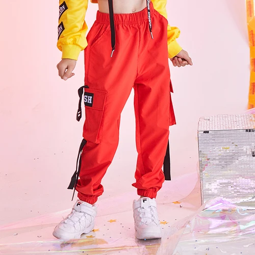 Red pants Костюм для джазовых танцев Детский костюм для уличных танцев свободная Одежда для танцев в стиле хип-хоп для девочек костюмы с длинным рукавом в Корейском стиле - Цвет: Red pants
