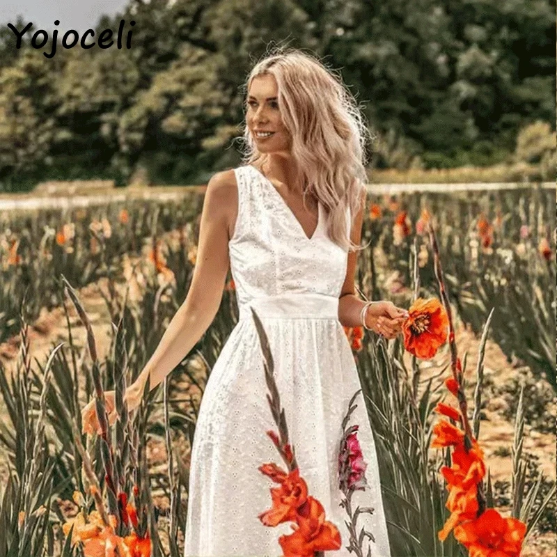 Yojoceli сексуальное богемное хлопковое кружевное платье для женщин с v-образным