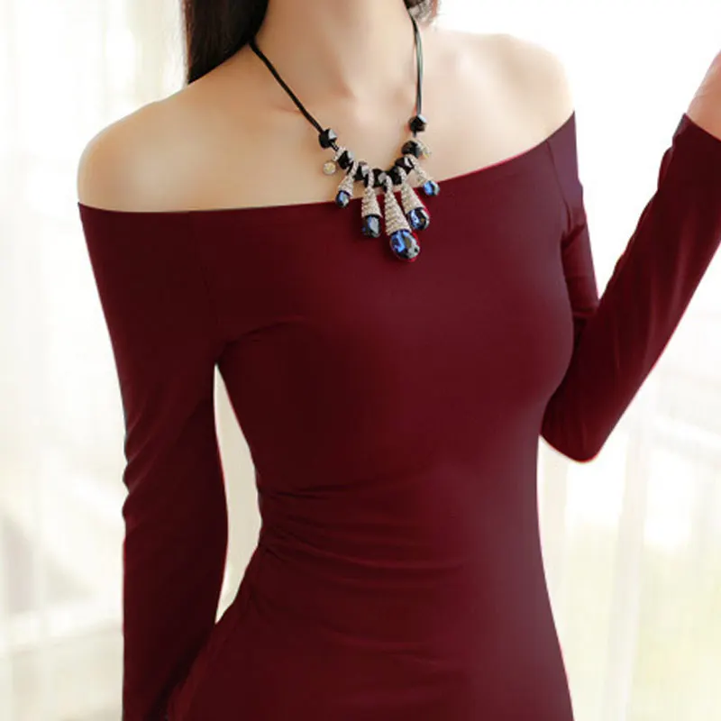 2016 Женщин Футболку Осенью Лодка Декольте Тонкий Футболка С Длинным Рукавом