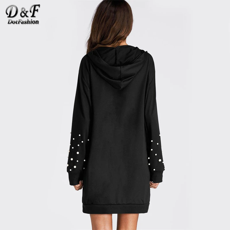 Dotfashion платье-толстовка с жемчугом и бисером, черное платье с длинным рукавом, женское платье, Новое поступление, Осеннее короткое платье