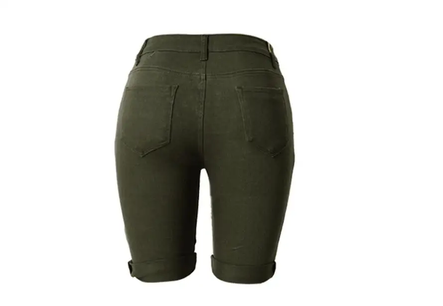 

2019 Womens Hole Stretch Knee Length Shorts Large Size Fashion Army Green Ripped Slim Shorts For Female High Waist Short K233