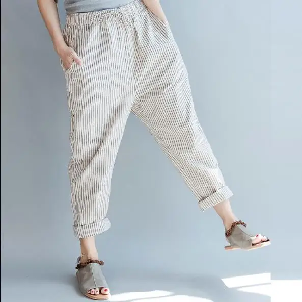 Женские летние обтягивающие шаровары в полоску со шнуровкой с эластичным поясом