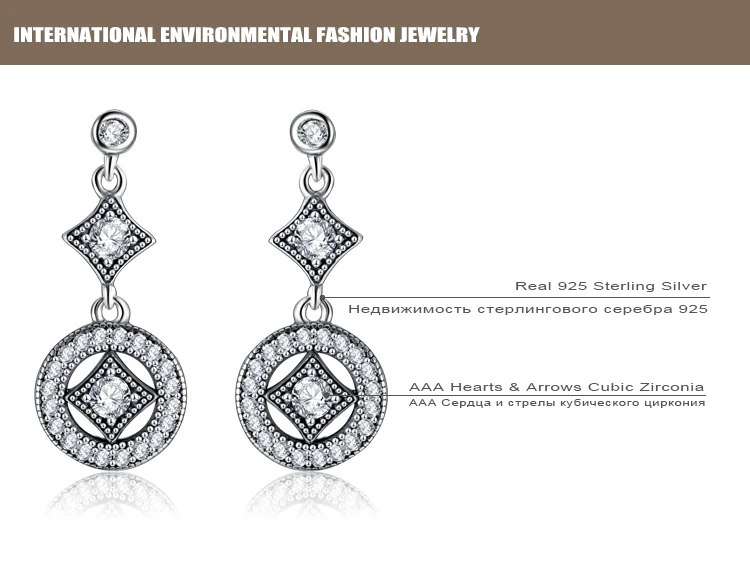 Beagloer Hot Sale 925 Sterling Silver Vintage Allure Drop Earrings With Clear CZ For Women Trendy Jewelry Gift PSER0064-B | Украшения и