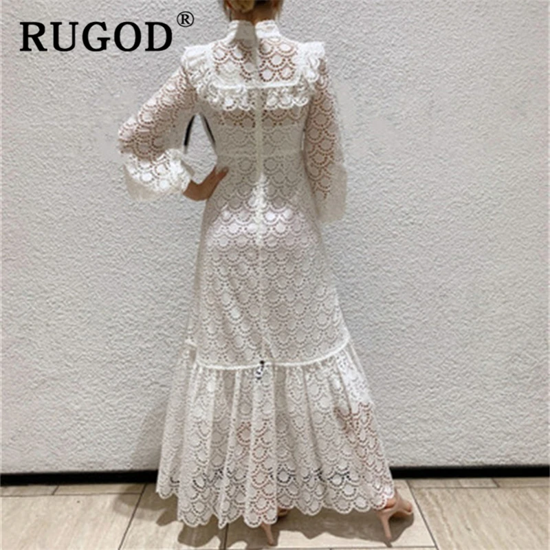 RUGOD винтажное длинное платье макси с вышивкой, женское модное белое вечернее платье с оборками и рукавами-фонариками, дамские модные открытые платья