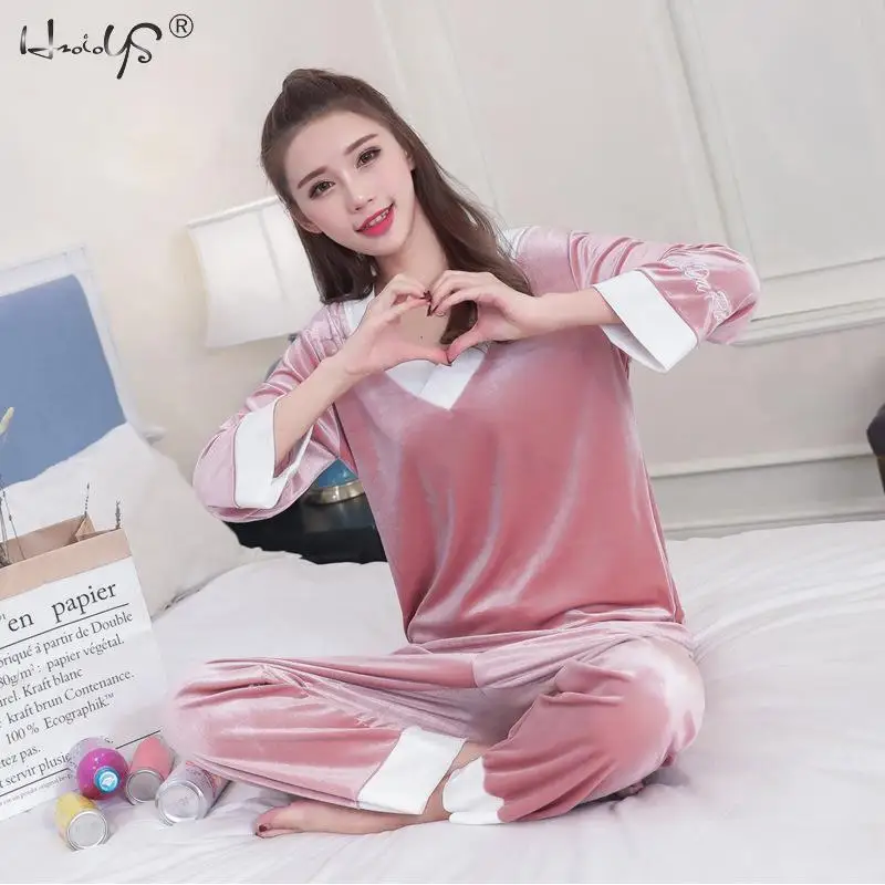 Золотые бархатные пижамные комплекты для женщин Осень зима толстая бархатная