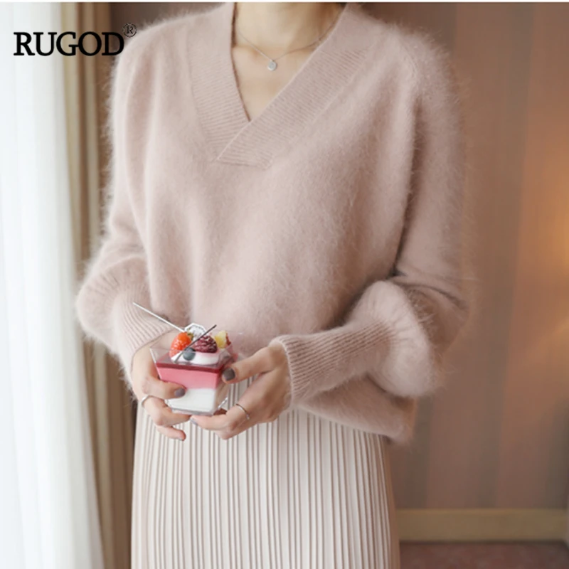 RUGOD Women Mink Cashmere Elegant Charming Soft Knitted Sweater V-Neck Lantern Sleeve Office Lady Loose Solid Female | Женская одежда
