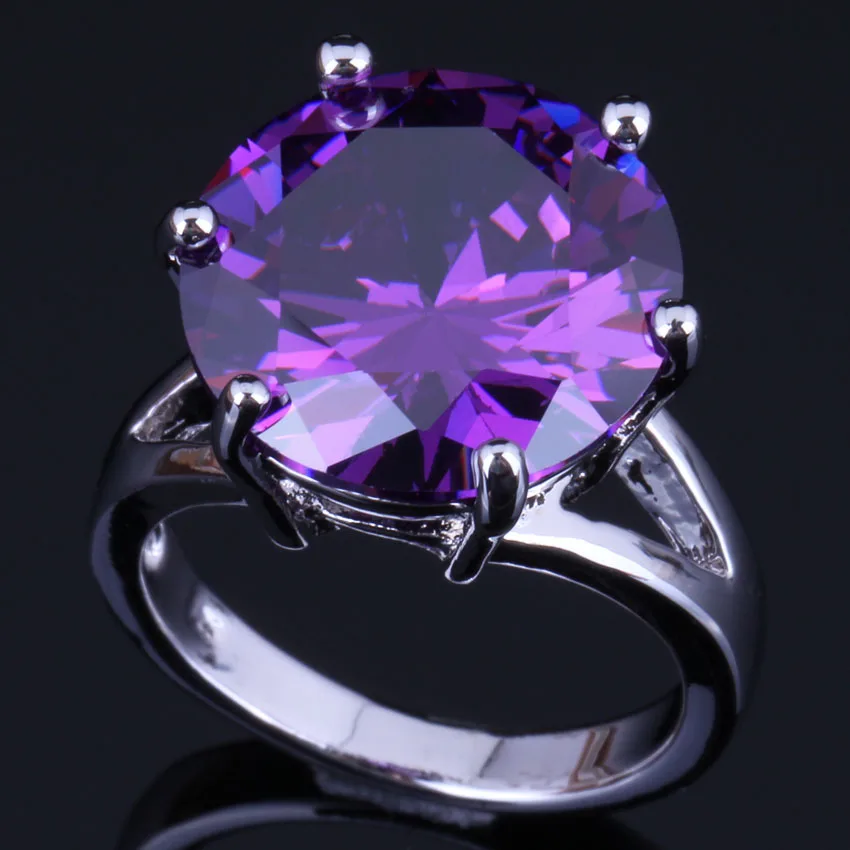 

Cute Round Purple Cubic Zirconia Silver Plated Ring V0479