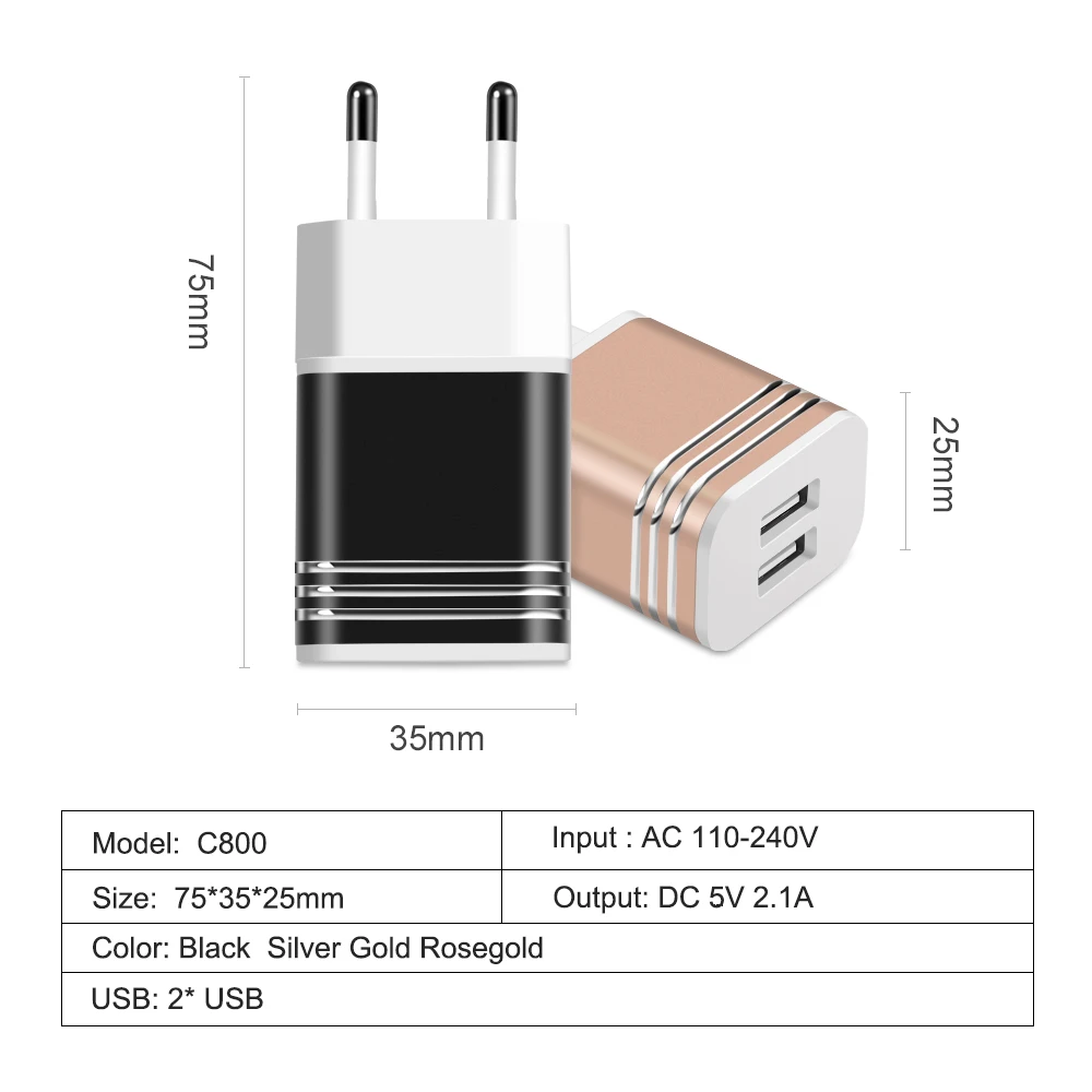 5V 2.1A Путешествия адаптер зарядного устройства с двойным USB настенный Портативный ЕС Подключите мобильный телефон Зарядное устройство для мобильного телефона для iPhone x 7 8 samsung s8 s8plus Xiaomi