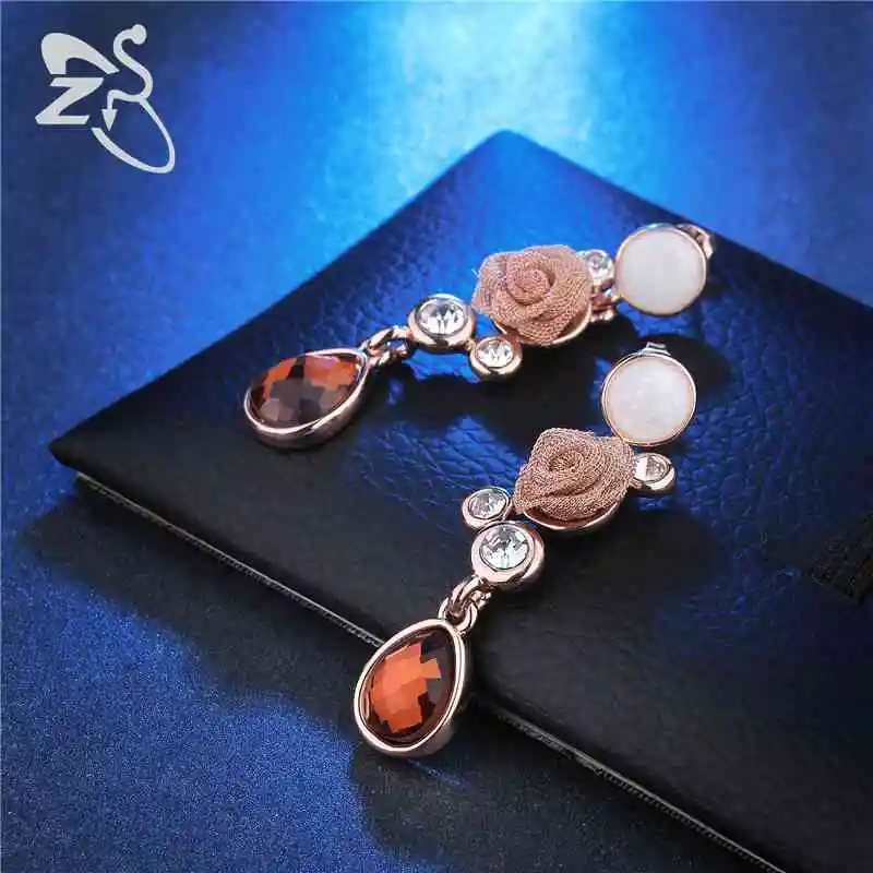 ZS Crystal Drop Earrings Jewelry Flower for Women Vintage Rose Gold Dangle Earring Glass Stone boucle d'oreille femelle | Украшения и