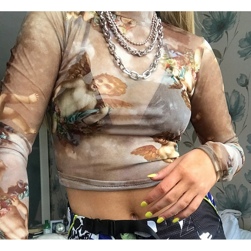 Женский маленький ангел Sheer Mesh укороченный Топ Футболка 2019 сексуальная прозрачная летняя укороченная