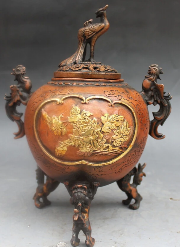 ZSR bi002583 9&quot Marked Chinese Fengshui Bronze Gilt Phoenix Lion incense burner Censer Statue | Дом и сад