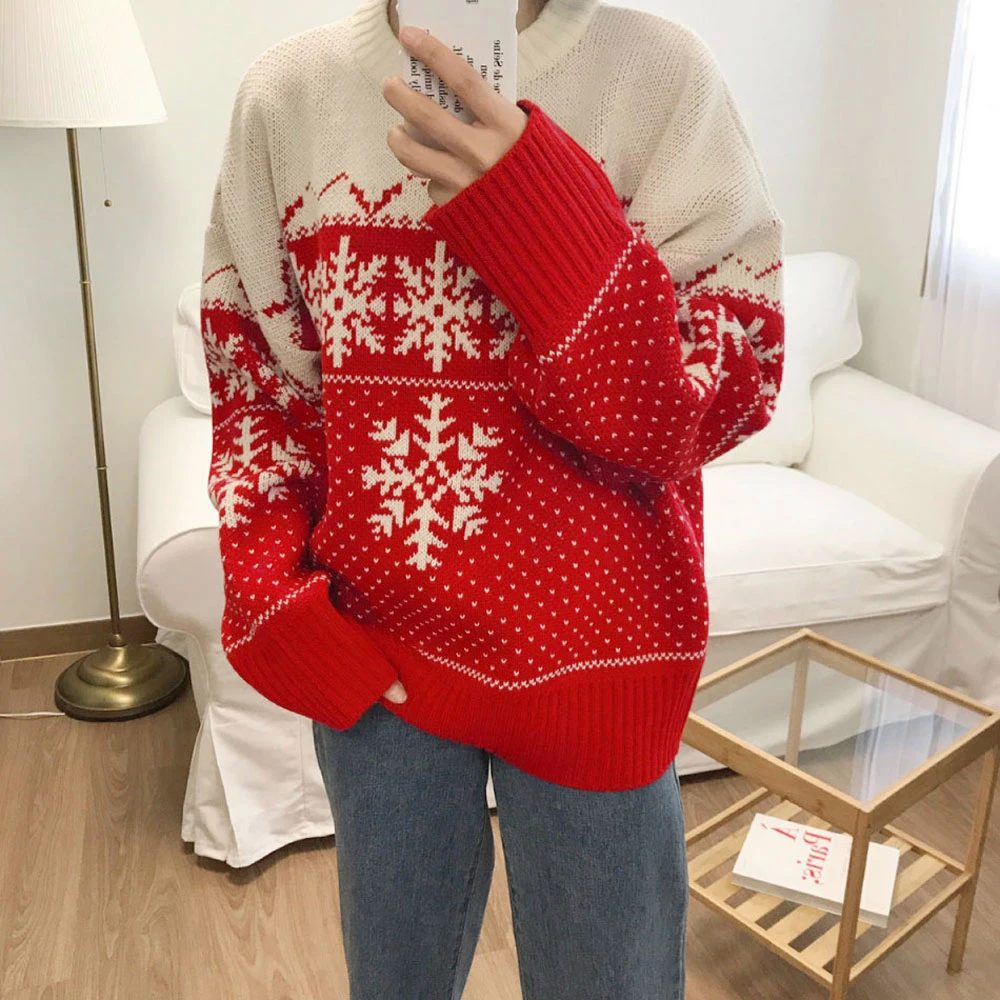 Женский винтажный свитер с принтом снежинки вязаный джемпер длинным рукавом
