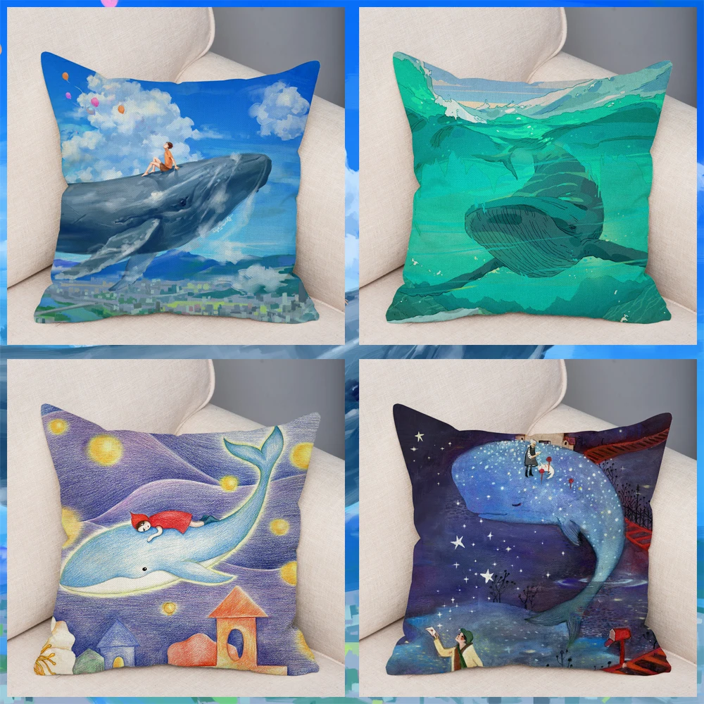 Cartoon Colorful Flying Whale Cushion Cover Linen Pillows Covers 45*45cm Throw Pillow Case Car Home Decor Animal Pillowcase | Дом и сад