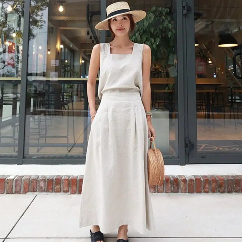 Хлопковое льняное корейское Макси платье женское винтажное элегантное бежевое