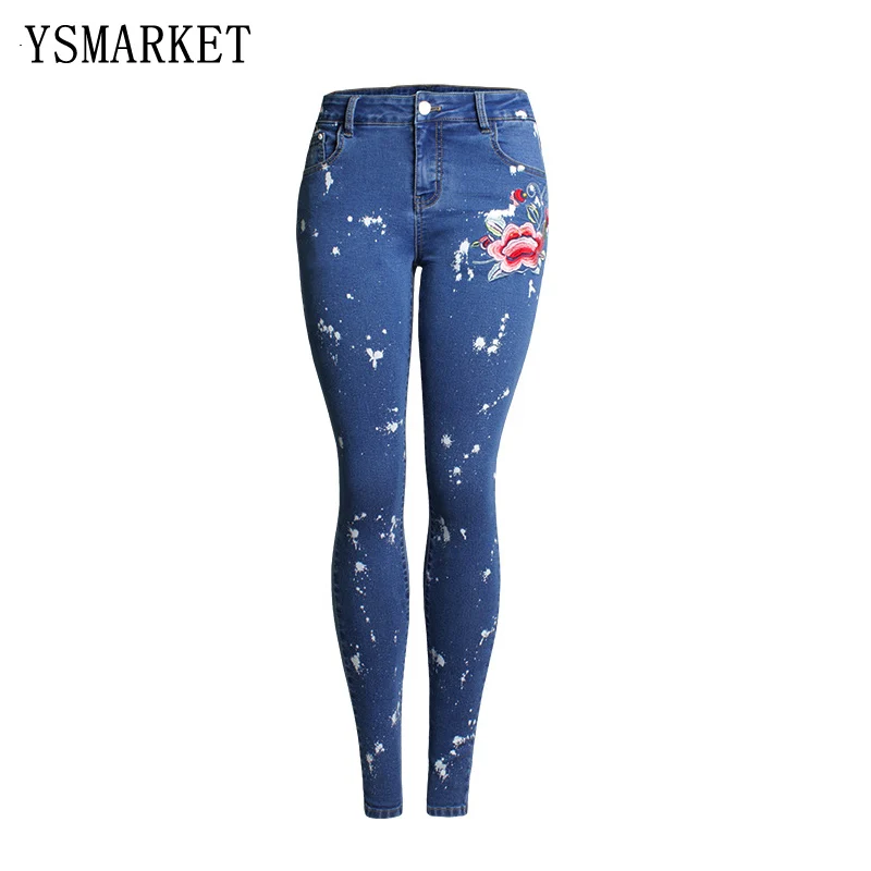 Ysmarket 2018 Европа Vogue Для женщин Тонкий джинсы вышитые стрейч в горошек распыляется
