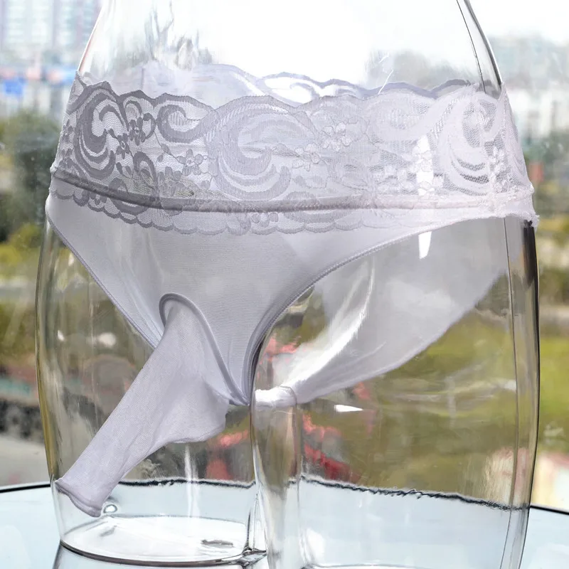 White open Сексуальное женское белье для мужчин с кружевной отделкой, прозрачные бикини, тонкие чулки с прозрачной шелковистой оболочкой для пениса, Фетиш-нижнее белье для трансвеститов - Цвет: White open