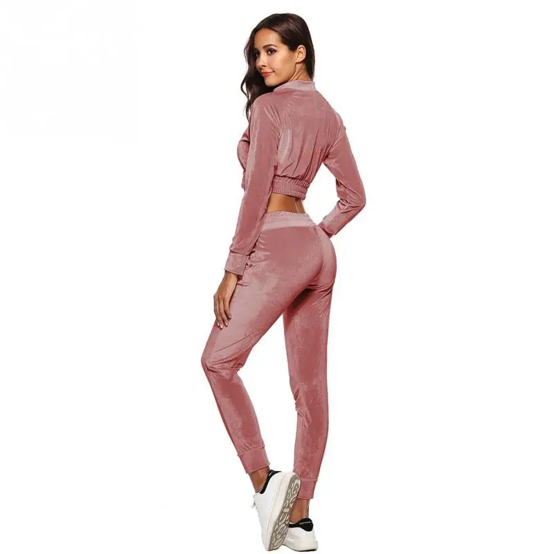 2018 осень Для женщин 2 шт. Бархатный спортивный костюм с длинными рукавами Zipper Crop Top