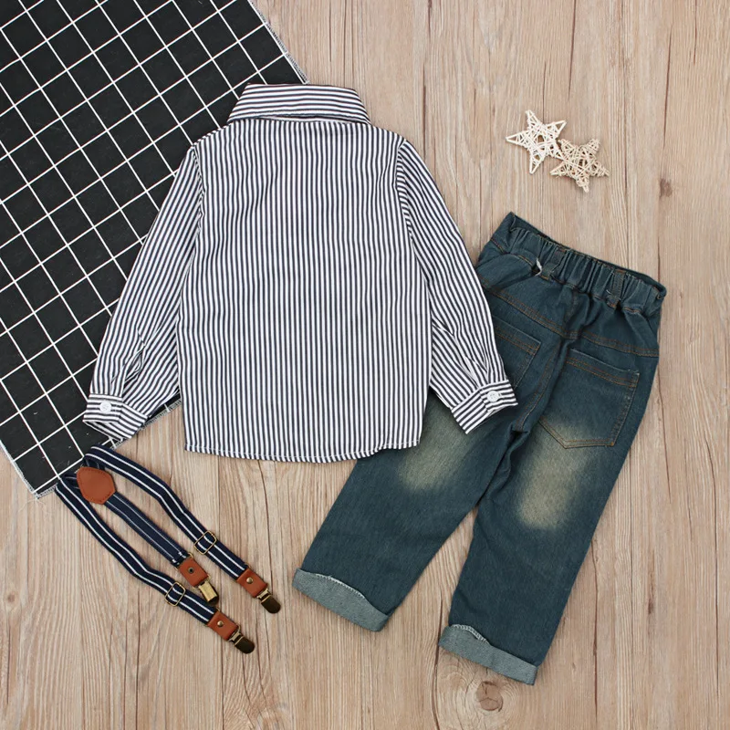 2018 New Formal Autumn Suit Sets Stripe Long Sleeve Blouse Camisa Jeans Full Pants Kids Clothes Children Clothing 3 Pcs Boys |