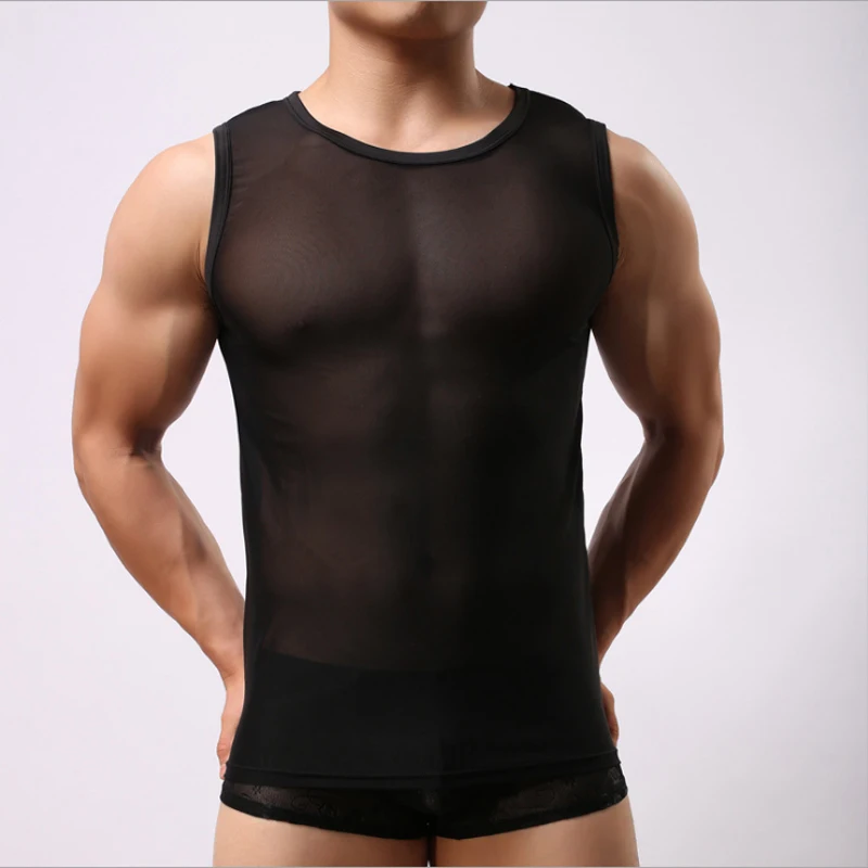 Man Undershirt Men Ice Silk Spandex Sheer Vest Male Sexy Mesh O-neck Thin Short Sleeves Gay Fitness Transparent Tank Tops |
