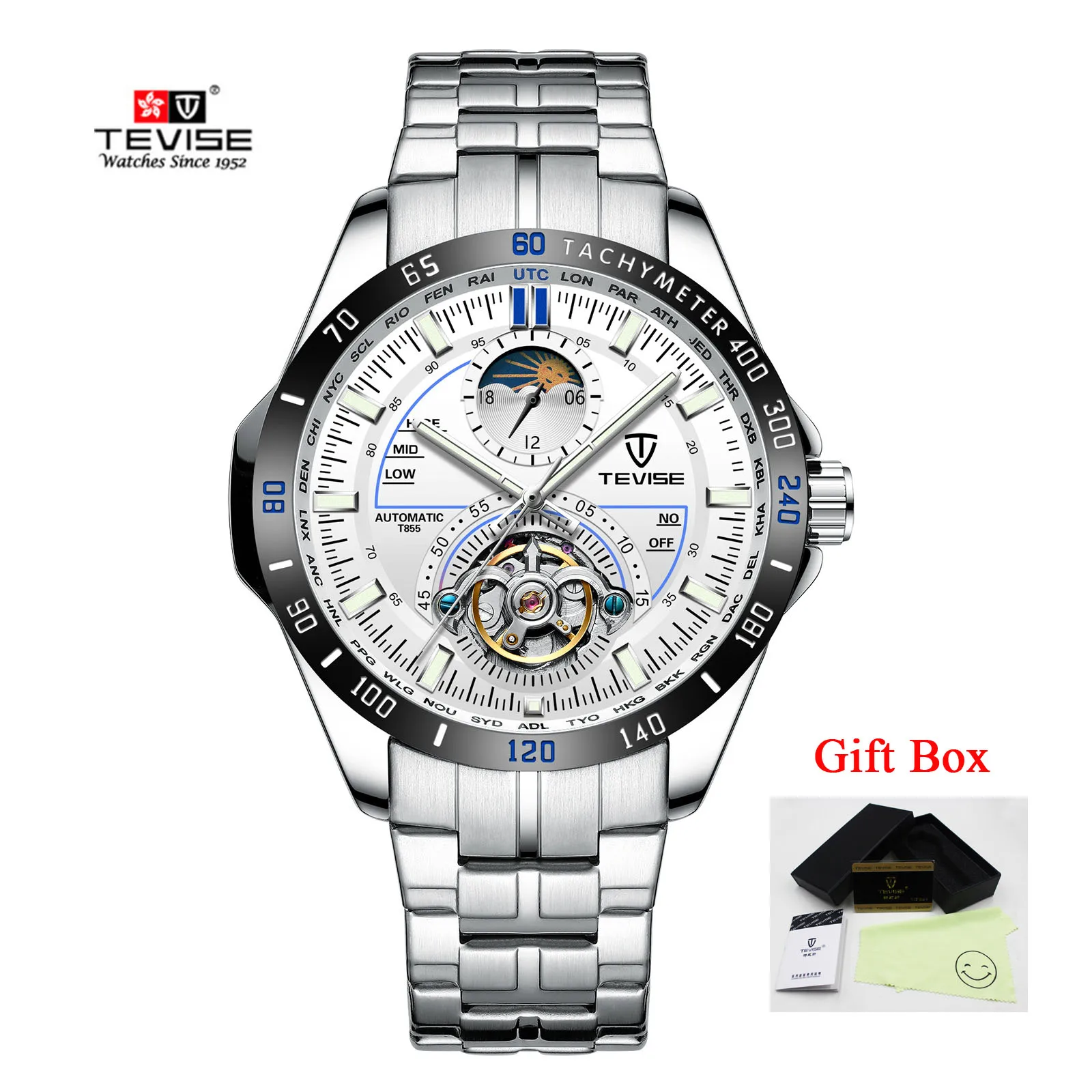 blue white Tevise, Мужские автоматические механические часы, водонепроницаемые часы, мужские часы от ведущего бренда, мужские спортивные наручные часы с автоматическим заводом, Relogio Masculino - Цвет: blue white