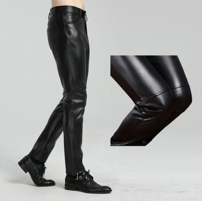 Black  velvet fashion motorcycle faux leather pants mens feet pants pu trousers for men pantalon homme balck autumn winter