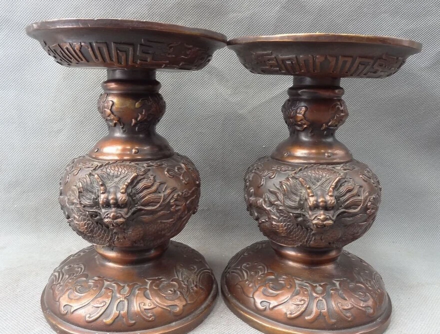 

song voge gem S2825 Chinese Pure Bronze Wealth Dragon Head Flower Statue Candle Stick Holder Pair