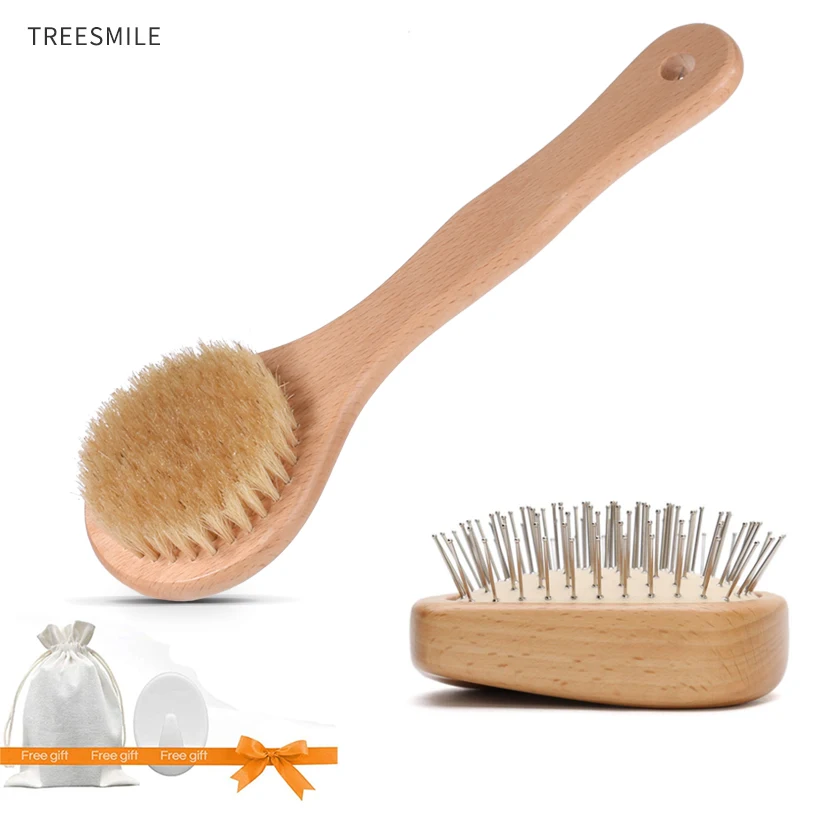 

TREESMILE Natural Bristle Bath Brush Exfoliating Wood Massage Body Brush Comb Shower Brush Health kit Anti-static Head Brush D30
