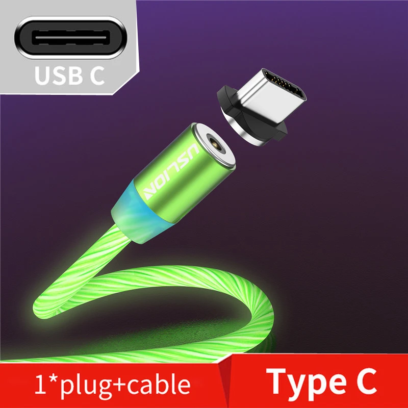Green Type C Магнитный светодиодный светильник USLION, кабель для быстрой зарядки, магнитный кабель Micro usb type C, светодиодный шнур, зарядное устройство type-C для Iphone samsung S10 - Цвет: Green Type C