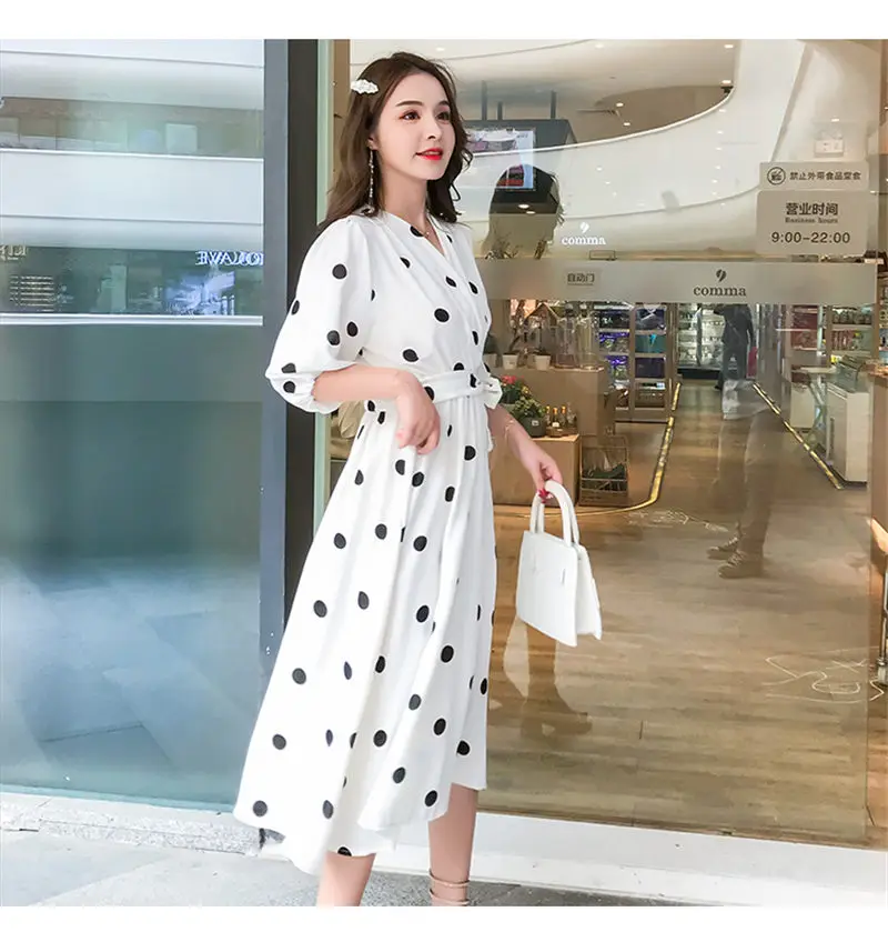 Модные Корея Boho Черный шифон пляжное платье Для женщин лето волна точка печати v-образным вырезом три четверти рукав платья Vestidos