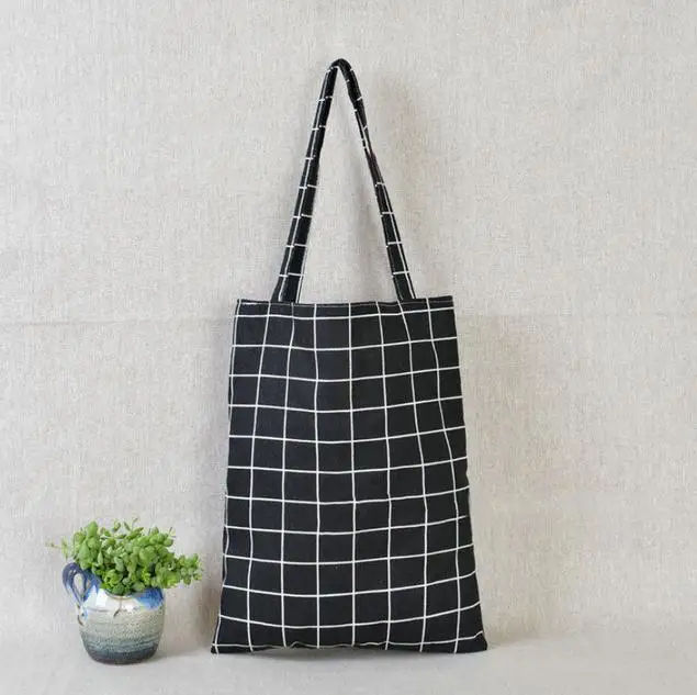 

50pcs Fashion Women Cotton Linen Eco Reusable Tote Handbag Fashion Plaid Shoulder Bag Sundries Stroage Pouch SN1090
