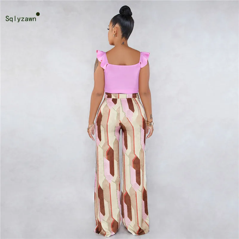Women 2 Piece Outfits V Neck Ruffle Sleeve Crop Top with Printed Long Palazzo Pants Sets Streetwear Wide Leg Beach Clothes | Женская
