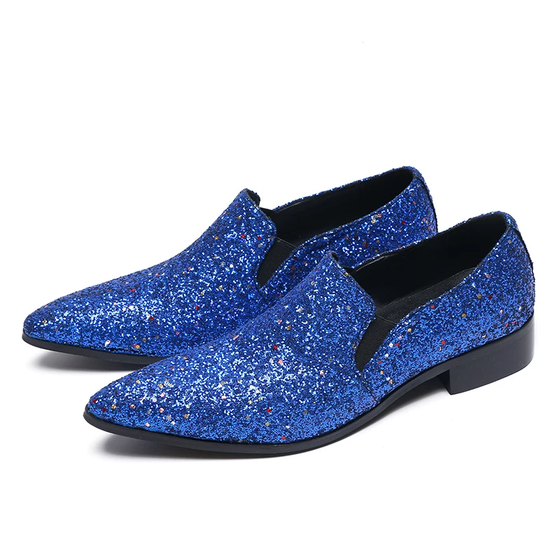 

Handmade Flats Loafer Shoes Men Wedding Party Shoes New Style Shinny Blue Gliiter Men's Shoes Slip On Dress Shoes