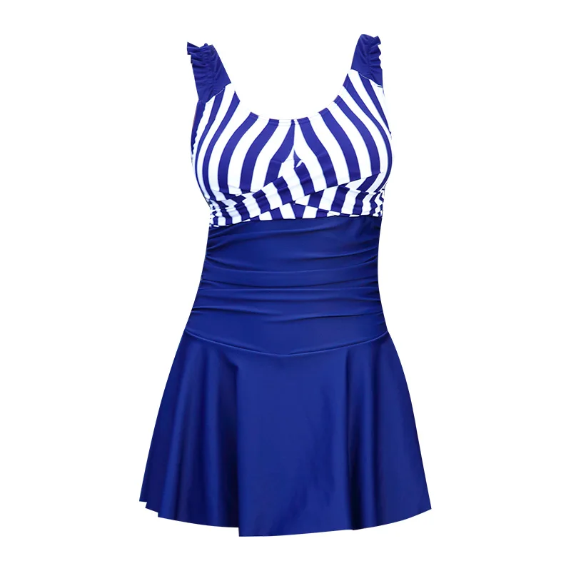 

Navy Wind Blue Stripes One Pieces Cover Floral Print Tied Strap Swimwear Women Swimsuit Set With Smock Show Leg