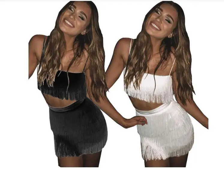 

Tassels Women Two Piece Set Suit Sexy Camisole Sling Top And High Waist Mini Skirt Plus Size Fashion Casual Women Costumes