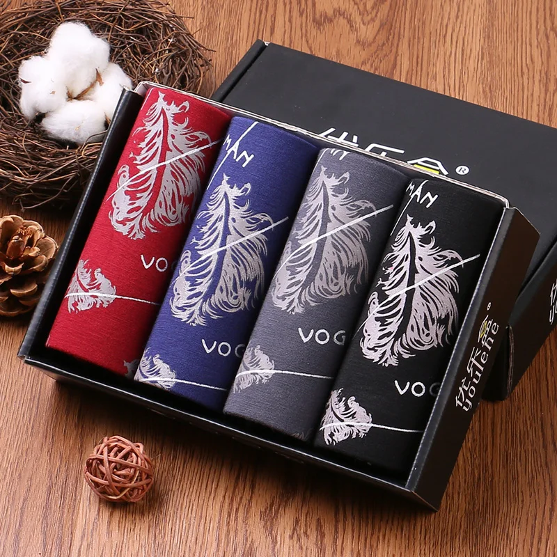 

4pcs/box New Fashion Men Underwear Men's Boxer Shorts Comfortable Fine Modal Boxer Tide men Feather Print Underpants